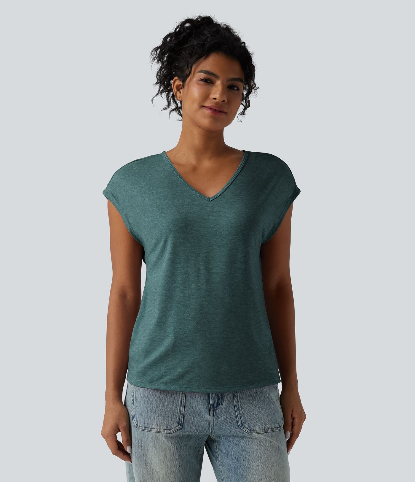 T-shirt décontracté chiné ample à manches courtes et col V