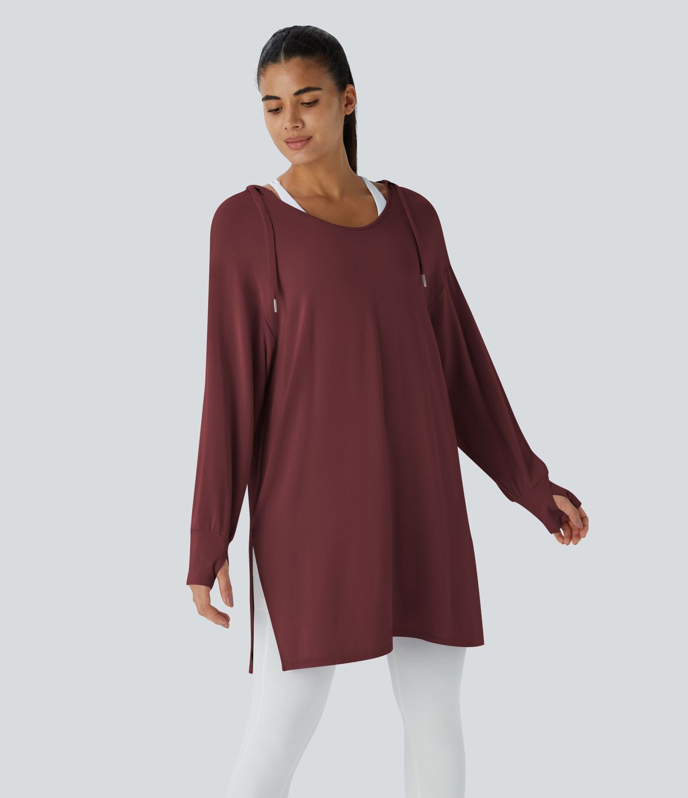 Sweatshirt Casual à Capuche Encolure en V Cordon de Serrage Trou pour le Pouce Fente et Coupe Longue