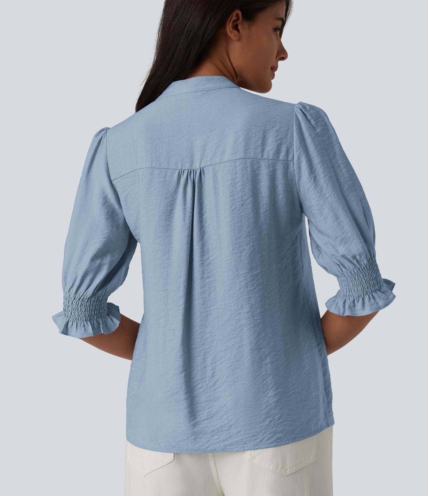 Blouse décontractée à col en V et manches courtes bouffantes