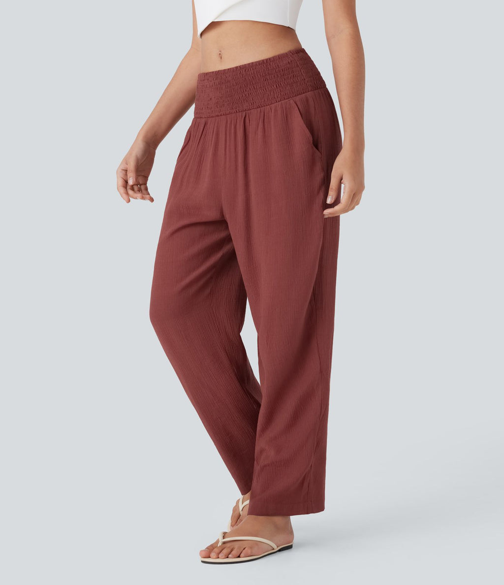 Pantalon de Vacances Taille Moyenne avec Fronces et Poches Latérales  et Aspect Lin