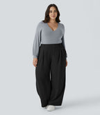 Pantalon décontracté palazzo large effet lin, taille haute, grande taille, avec poches