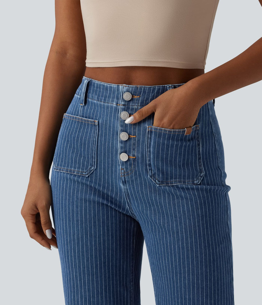 Jean droit court décontracté Halara Flex™ rayé taille haute avec poches