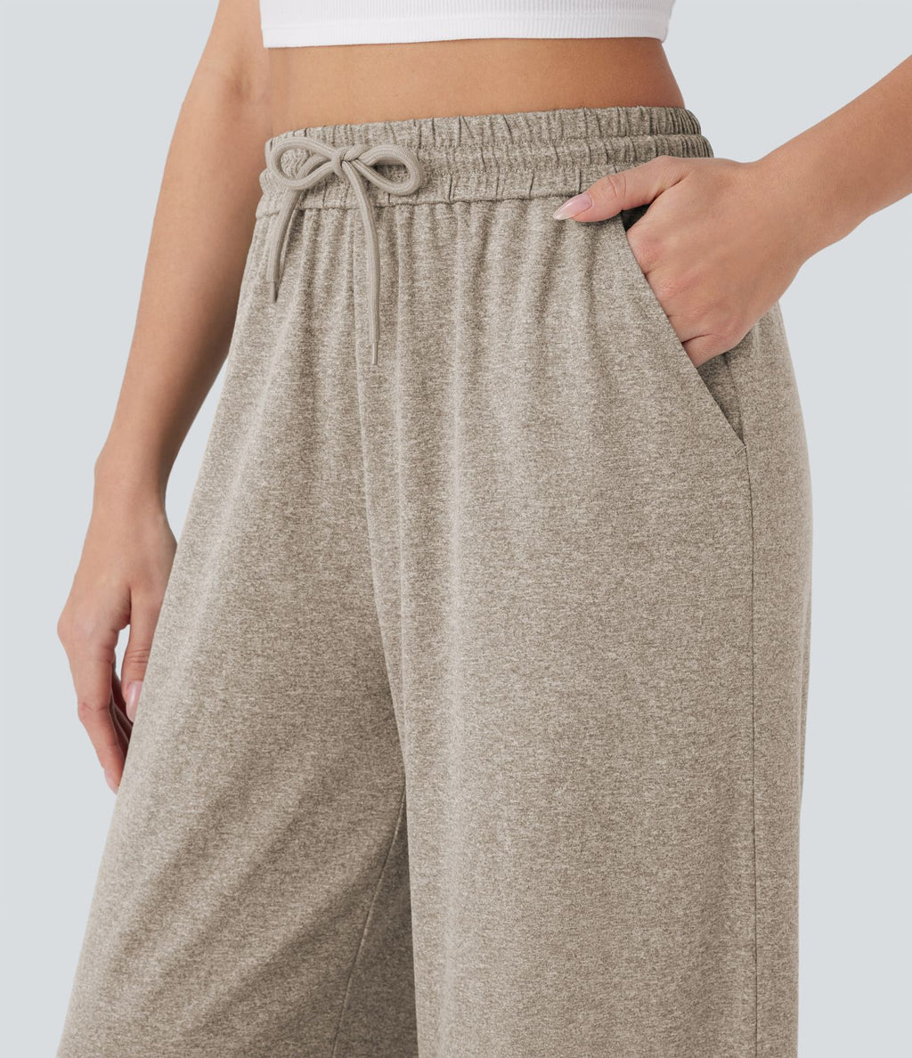 Pantalon large décontracté taille haute avec cordon de serrage et poches latérales