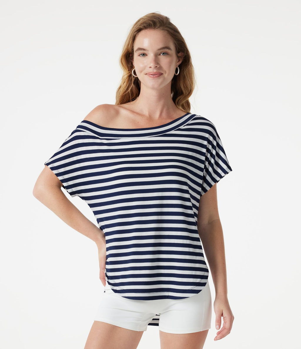 Top casual asymétrique épaule dénudée à rayures, manches courtes, ourlet incurvé et brassière intégrée