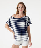 Top casual asymétrique épaule dénudée à rayures, manches courtes, ourlet incurvé et brassière intégrée