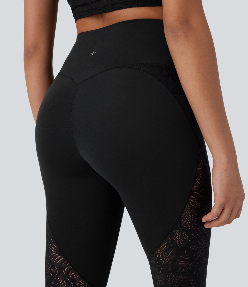 Legging de yoga 7/8 taille haute avec poches latérales, dos croisé et dentelle contrastante Softlyzero™-UPF50+