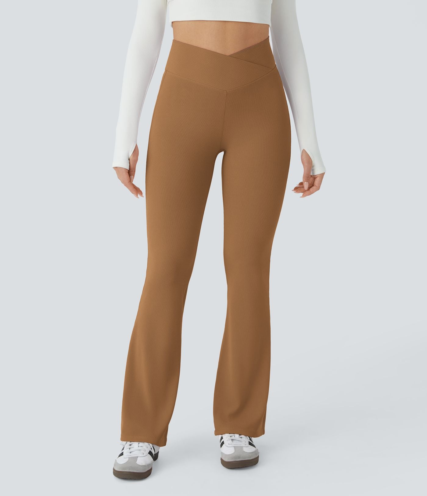 Pantalon décontracté évasé en maille gaufrée, taille haute, avec poches croisées