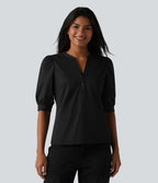 Blouse décontractée col Henley manches bouffantes mi-longues