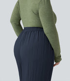 Pantalon grande taille large fluide taille haute avec cordon de serrage, poches et aspect lin