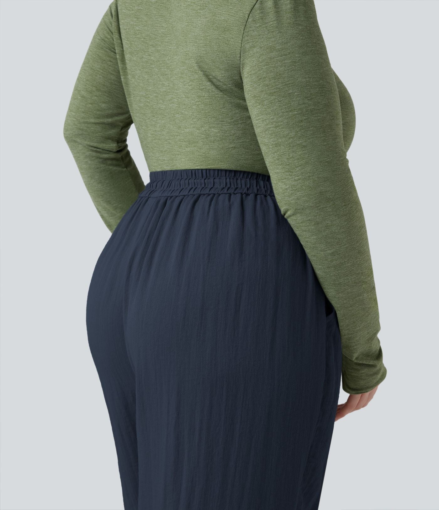 Pantalon grande taille large fluide taille haute avec cordon de serrage, poches et aspect lin