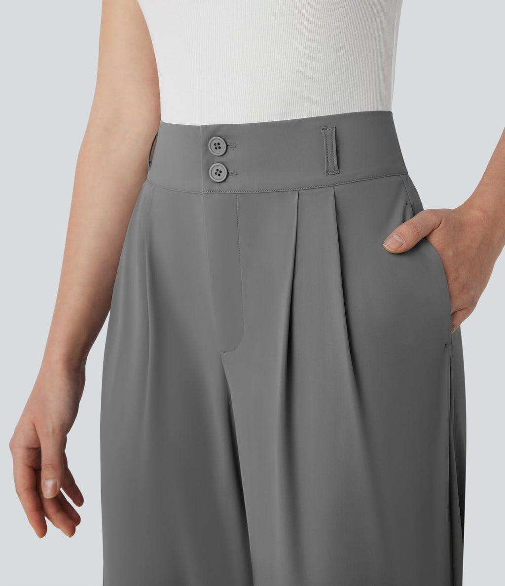 Pantalon de travail à taille haute avec boutons, fermeture éclair, poches latérales, fronces, jambe droite et effet frais InstantCool