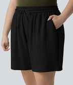 Short casual aspect lin grande taille taille haute avec cordon de serrage et poches