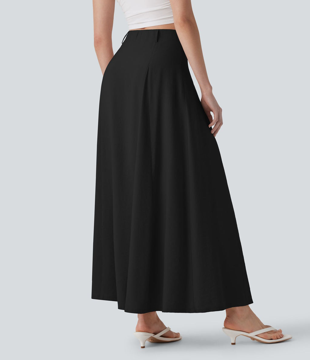 Jupe longue évasée à taille haute avec fermeture éclair invisible, aspect lin