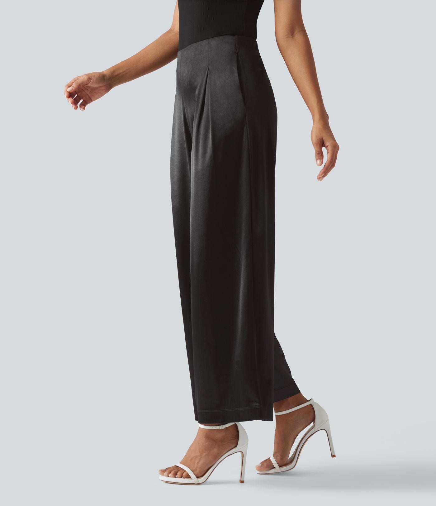 Pantalon habillé large taille haute en satin avec poches