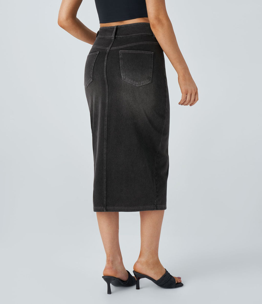 Halara Flex™ Jupe en Jean Casual Mi-Longue Délavé Extensible Plusieurs Poches Taille Haute