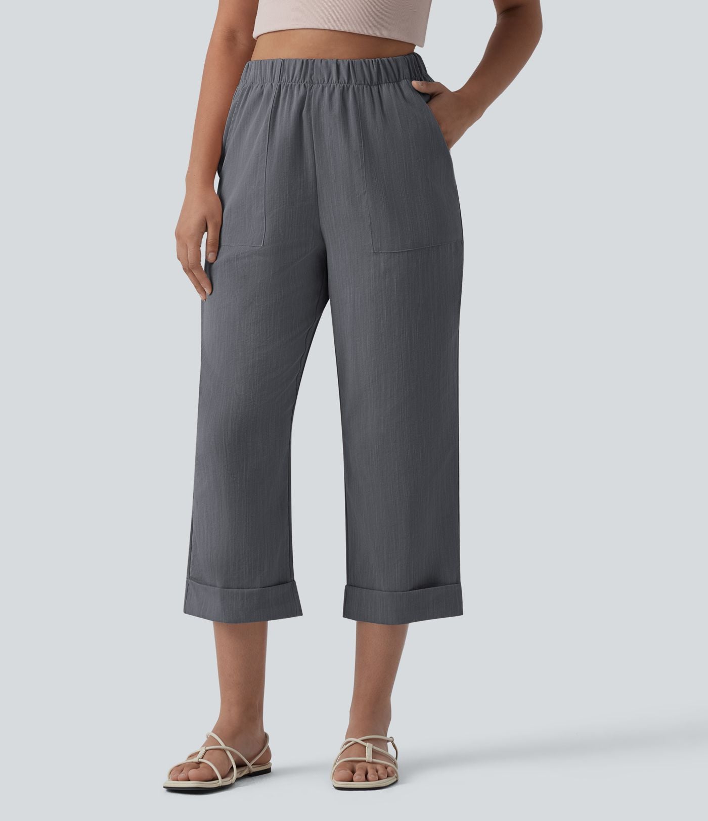 Pantalon casual court aspect lin coupe droite taille haute avec poches