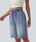 Short denim décontracté taille haute en lyocell 22,8 cm avec cordon de serrage et poches