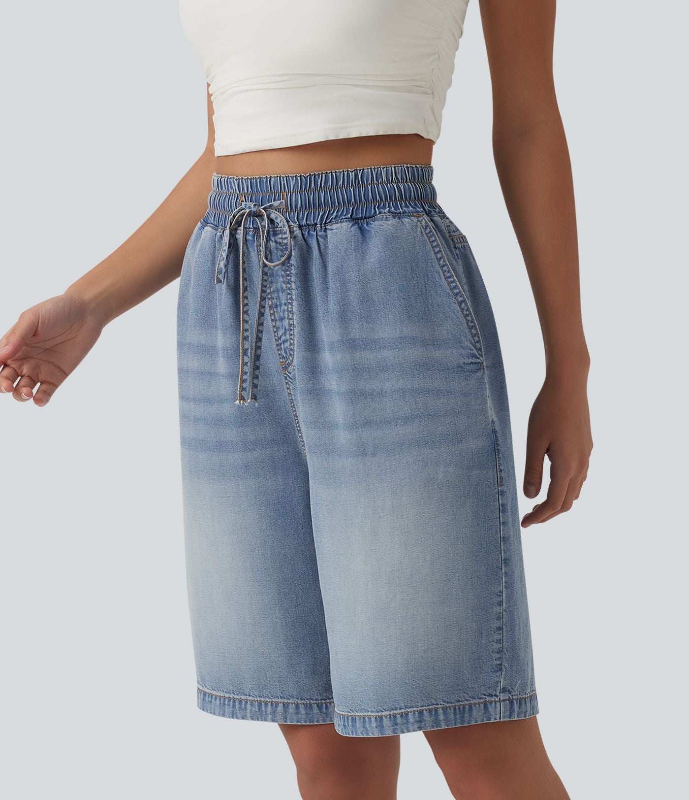 Short denim décontracté taille haute en lyocell 22,8 cm avec cordon de serrage et poches
