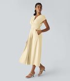 Breezeful™ Robe Mi-Longue Col en V Manches Courtes Poche Latérale Nouée au Dos Séchage Rapide