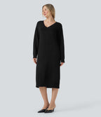 Robe pull laine mélangée col V manches longues mi-longue - réversible devant et dos