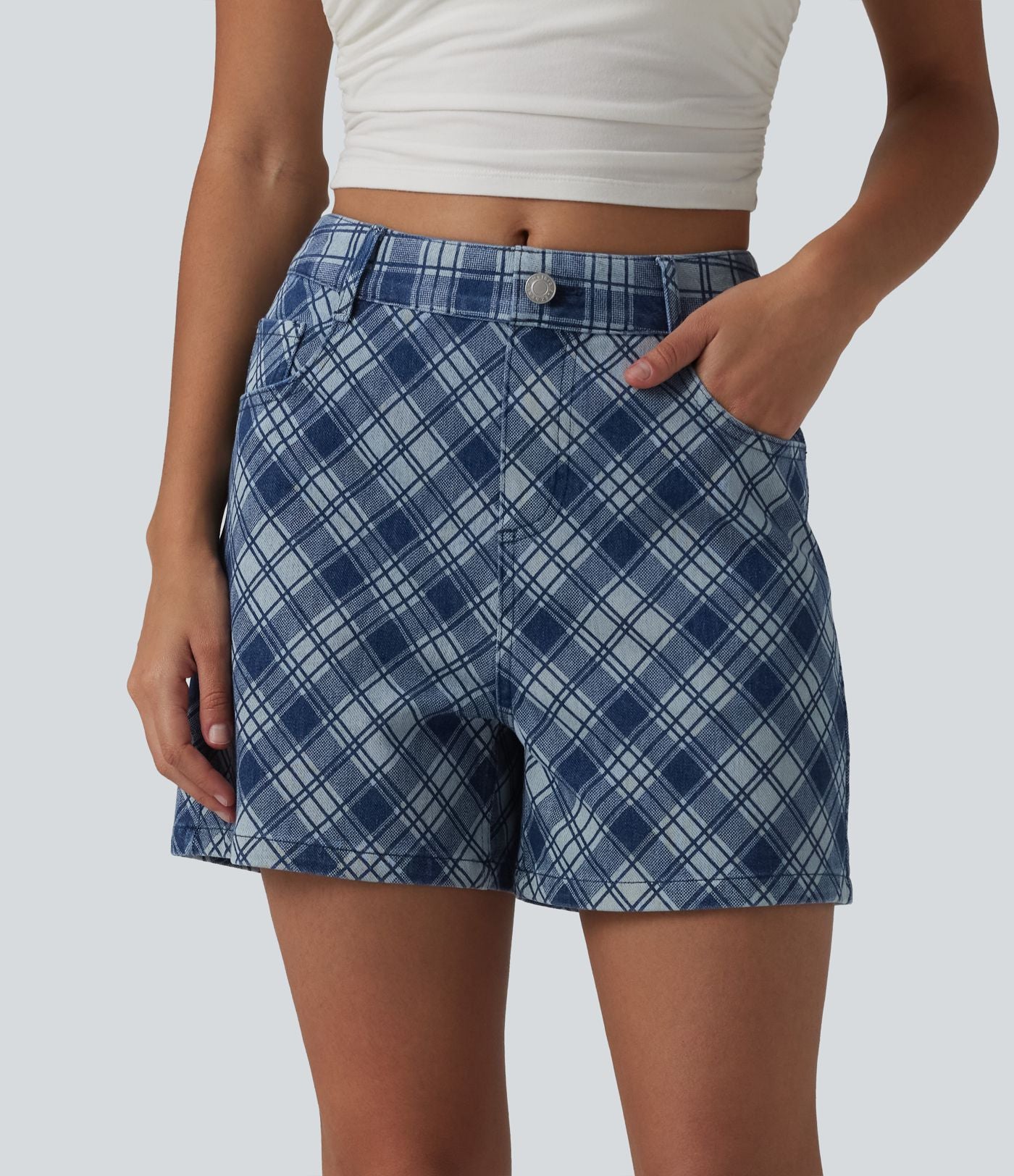 Short décontracté en denim à carreaux Halara Flex™ taille mi-haute 10 cm avec poches