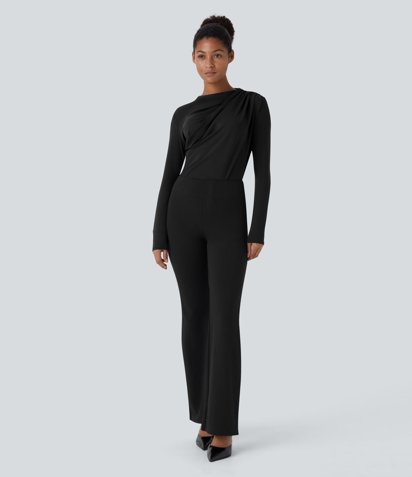 Cowl Neck Ruched Long Sleeve Slim Work Top