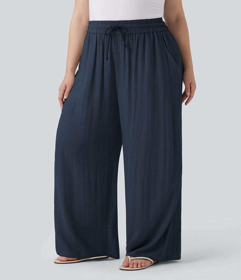 Pantalon décontracté grande taille large fluide taille haute effet lin avec cordon de serrage et poches