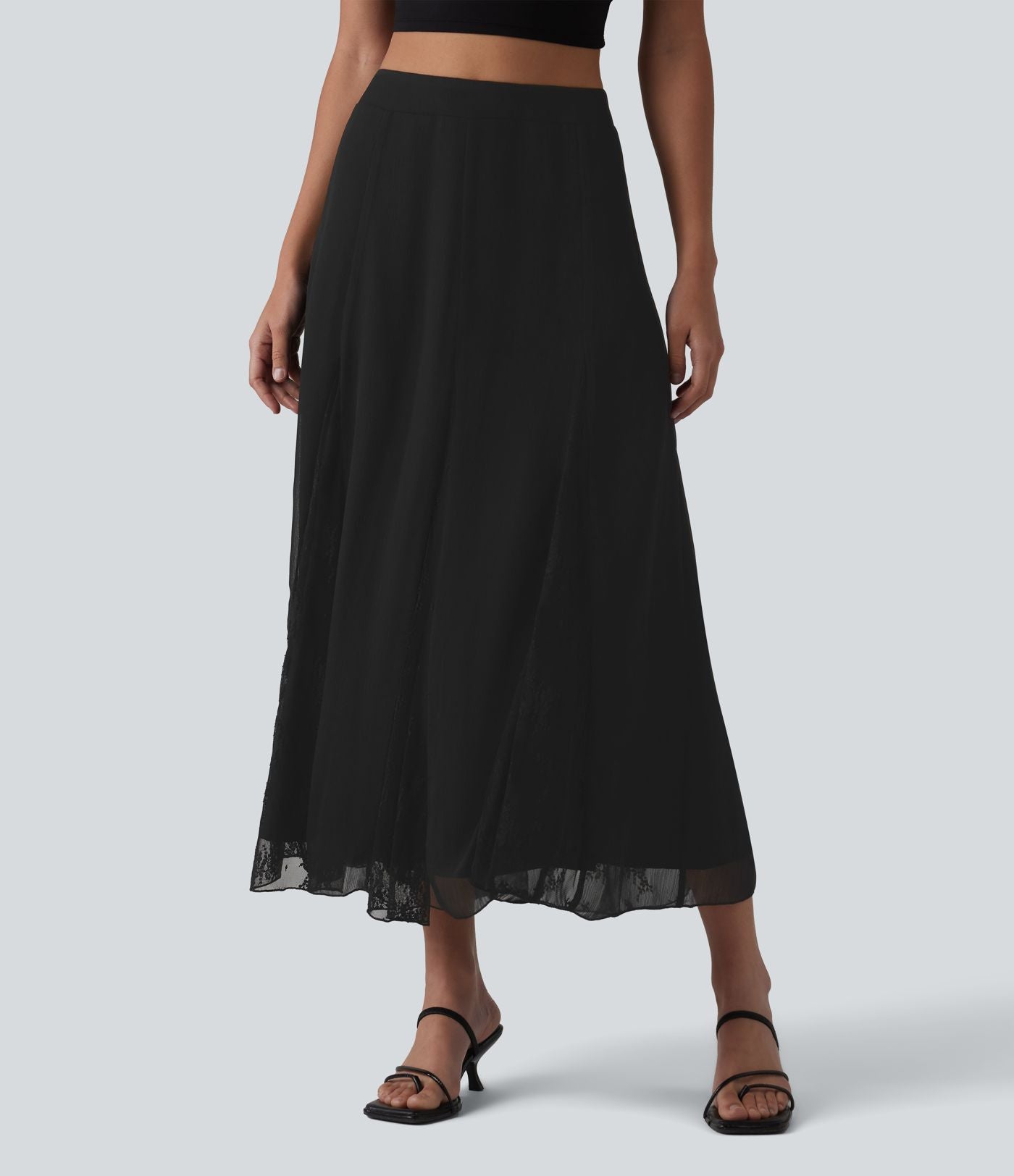 Jupe midi fluide taille haute en mousseline avec dentelle contrastée et fermeture éclair invisible