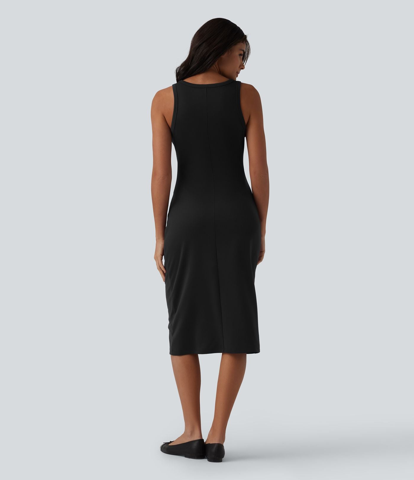 Robe casual mi-longue bodycon froncée col rond sans manches