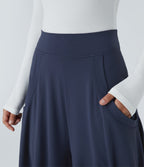 Pantalon décontracté drapé à poches multiples et taille moyenne, jambe large