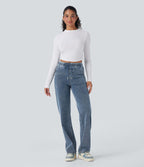 Pantalon décontracté droit taille mi-haute avec cordon et poches