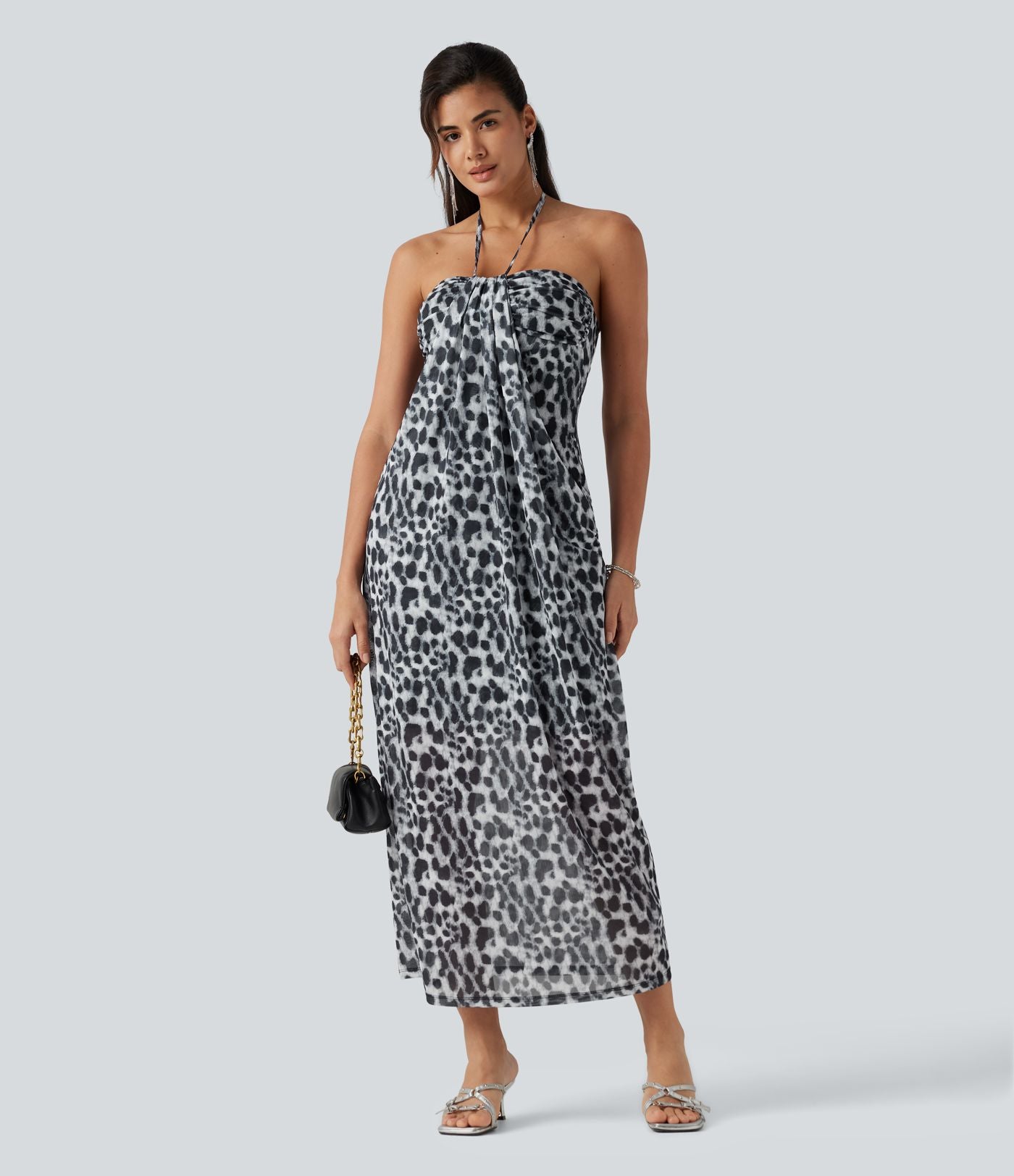 Robe maxi imprimé léopard dos nu à nouer avec brassière intégrée