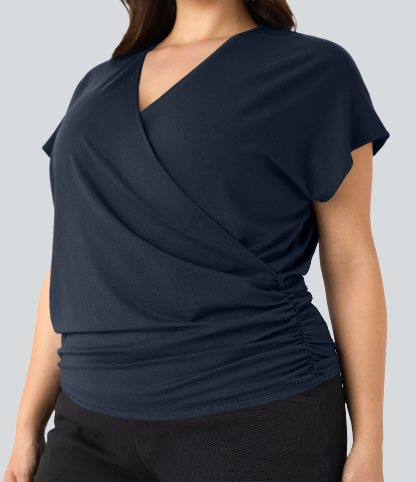 Blouse Travail Unie Froncée Croisée Manches Courtes Col en V Grande Taille