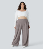 Pantalon de travail grande taille Halara Flex™ à taille haute sculptante et amincissante, poches latérales, jambes larges et tissu micro-gaufré
