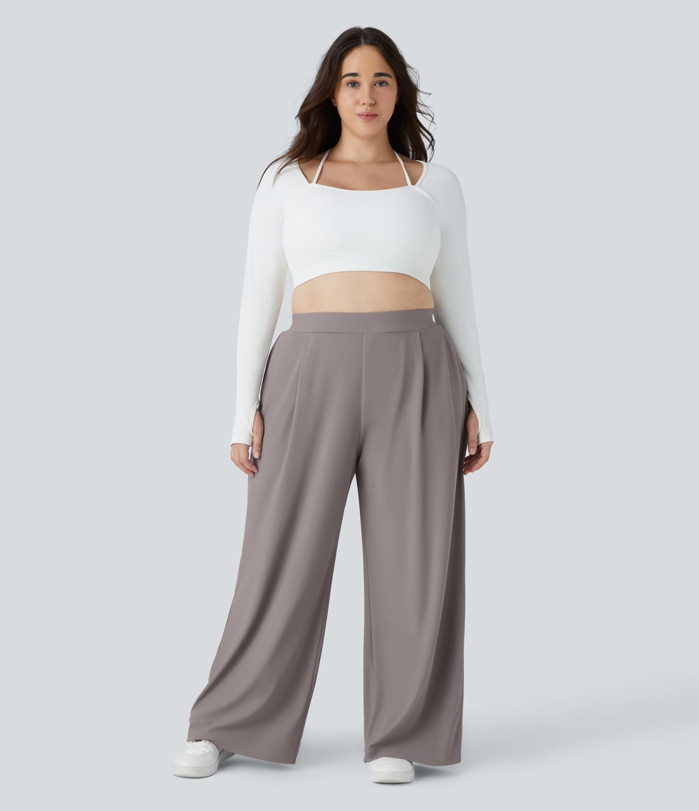 Pantalon de travail grande taille Halara Flex™ à taille haute sculptante et amincissante, poches latérales, jambes larges et tissu micro-gaufré