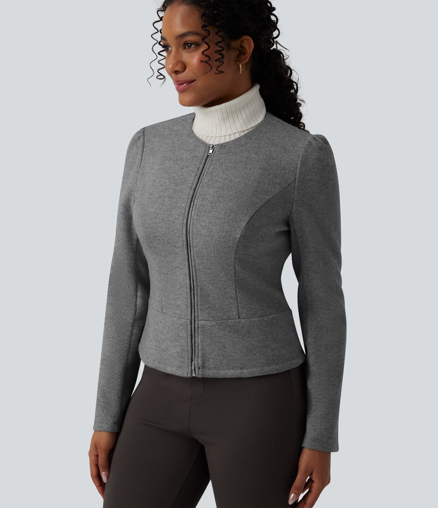 Veste tailleur polaire col rond manches longues à fermeture éclair