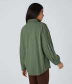Veste Casual en Velours Côtelé à Col Boutonné Poches et Manches Longues Ourlet Courbé