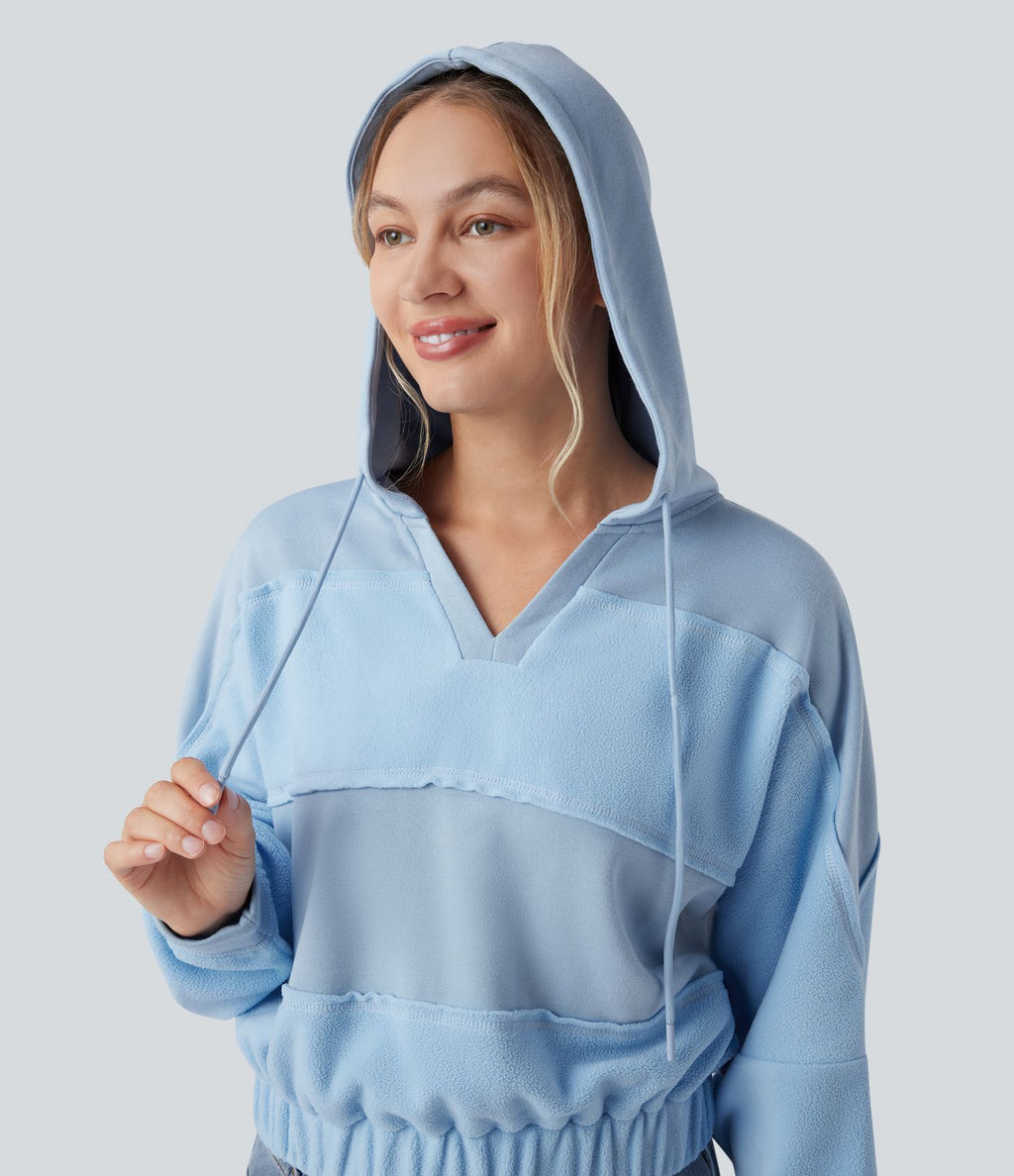 Sweat-shirt de sport patchwork à capuche avec cordon de serrage et manches longues