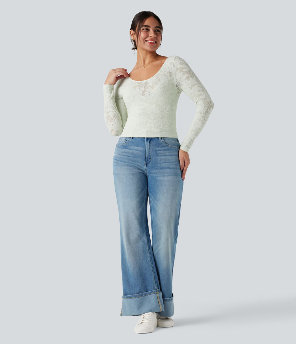 Haut de sport col U dos nu jacquard à manches longues sans couture OneForm Seamless Flow