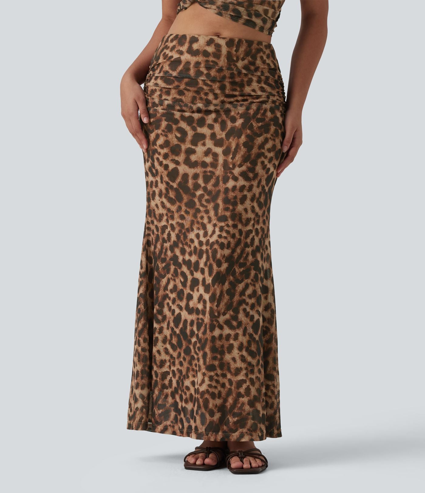 Jupe longue sirène de soirée mesh imprimé léopard avec fronces taille mi-haute