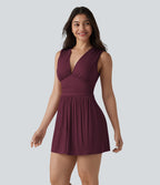Combishort casual côtelé sans manches col V, fronces et soutien-gorge intégré, avec poches – Easy Peasy