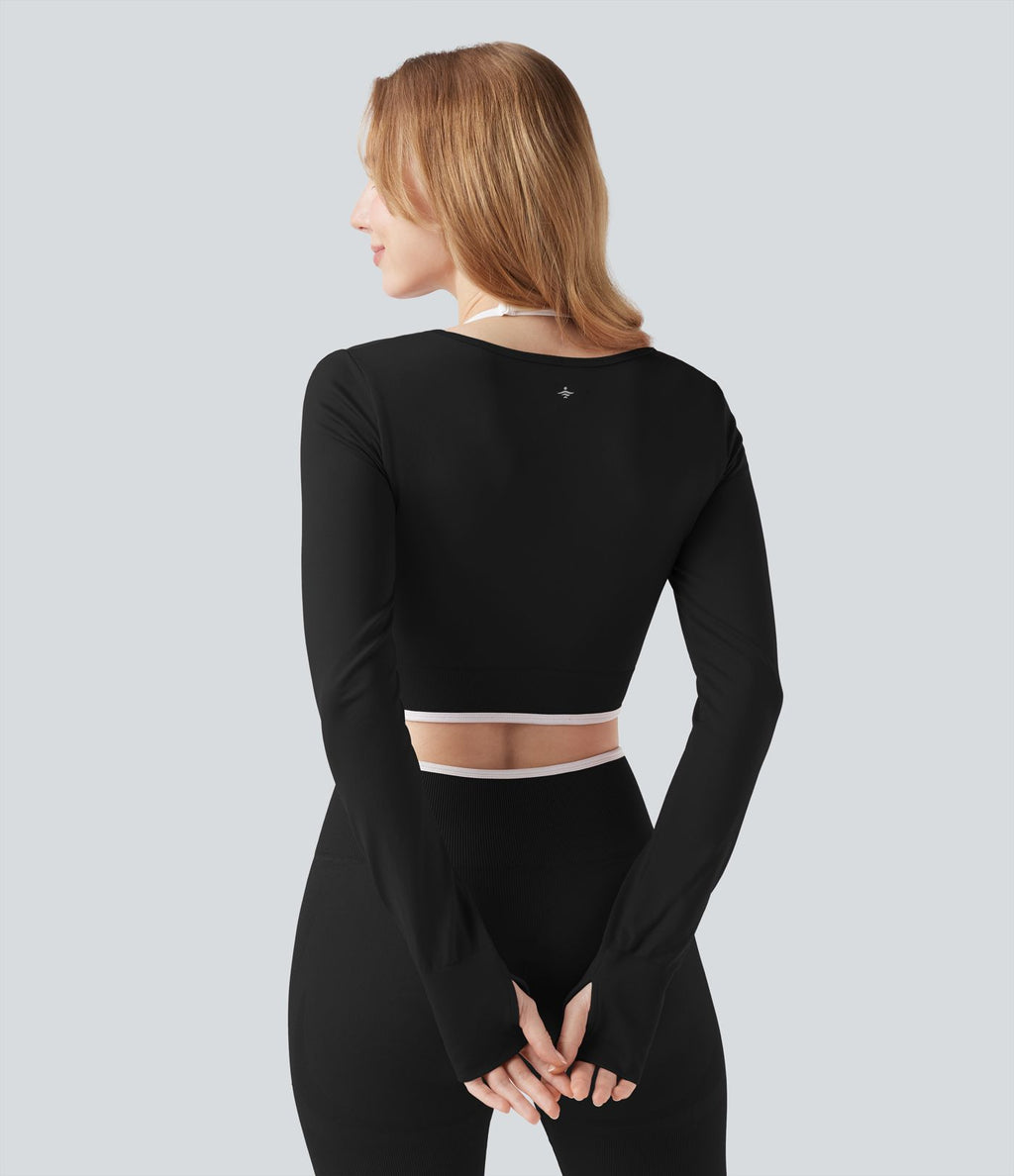 Haut de sport yoga court dos nu à manches longues avec passants pouces et blocs de couleurs sans coutures Seamless Flow