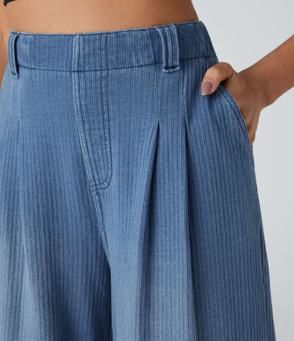 Halara Flex™ Jean Casual Large à Taille Haute avec Poches Latérales et Plis en Maille Extensible
