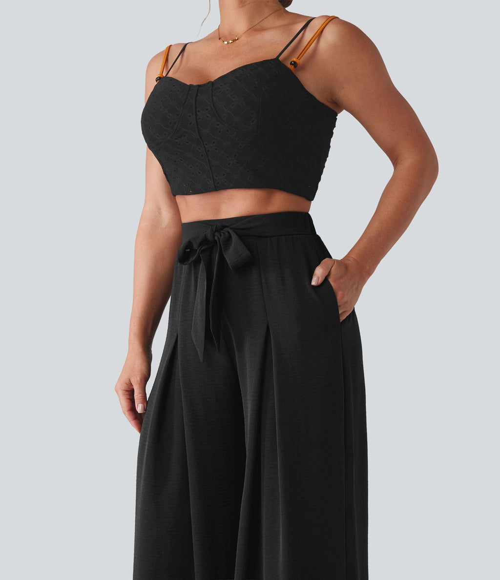 Pantalon large resort taille haute aspect lin avec nœud frontal et poches