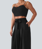 Pantalon large resort taille haute aspect lin avec nœud frontal et poches