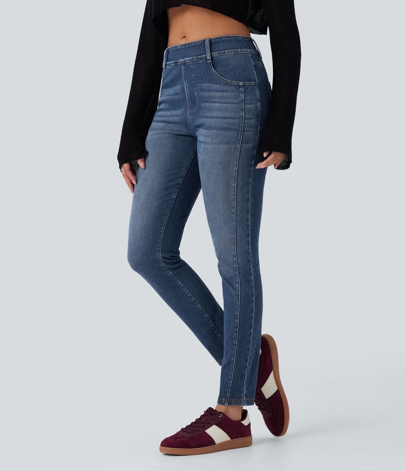 Jean skinny 7/8 décontracté taille mi-haute délavé Halara Flex™ avec poches