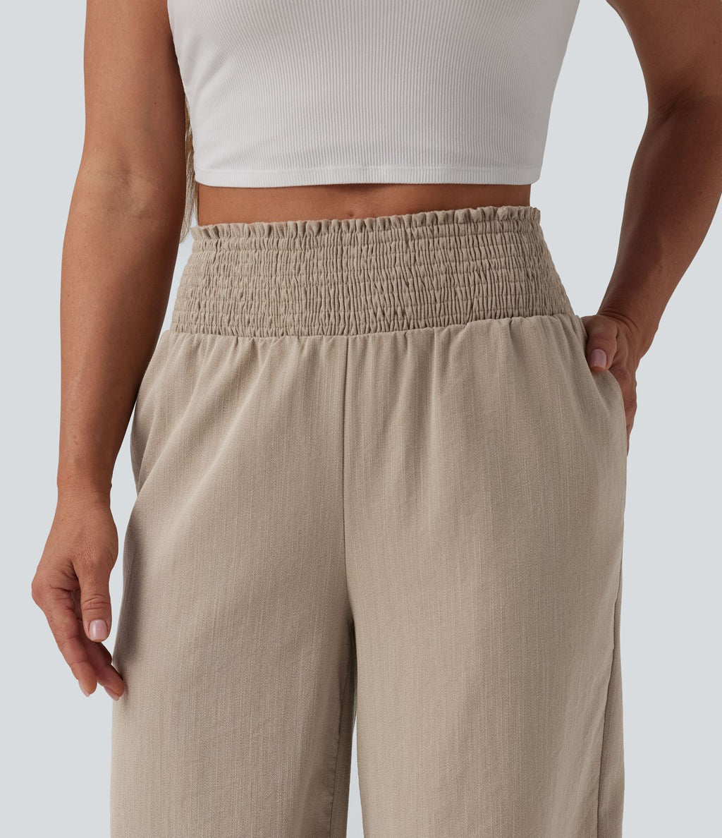 Pantalon large décontracté froncé taille haute aspect lin avec poches