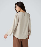 Blouse tailleur décontractée col rond dos keyhole manches bouffantes ourlet arrondi