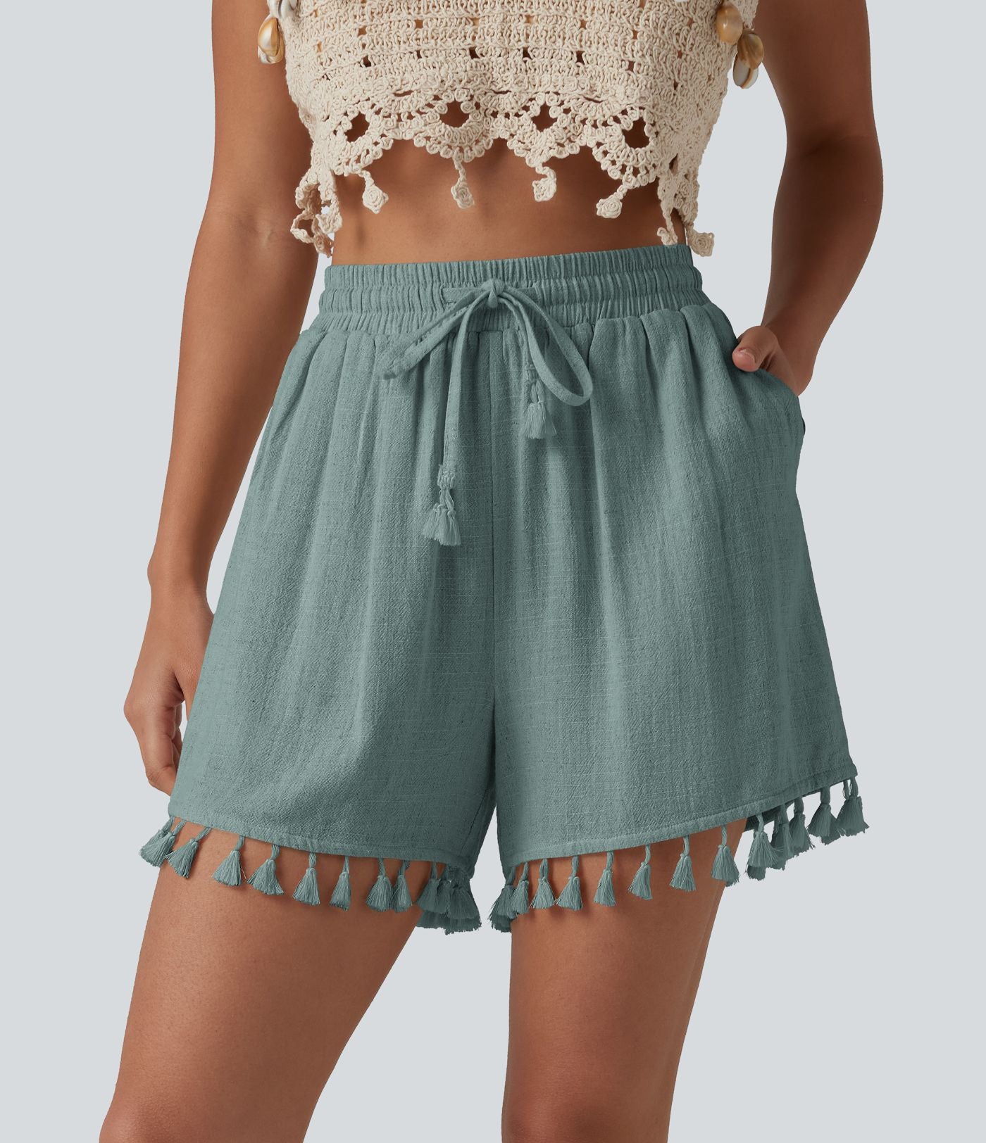 Short ample de vacances en mélange de lin taille haute avec cordon de serrage et ourlet à franges à poches