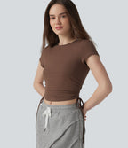 Halara T-shirt décontracté en jersey de coton à col rond, cordon de serrage, dos froncé et ouverture goutte